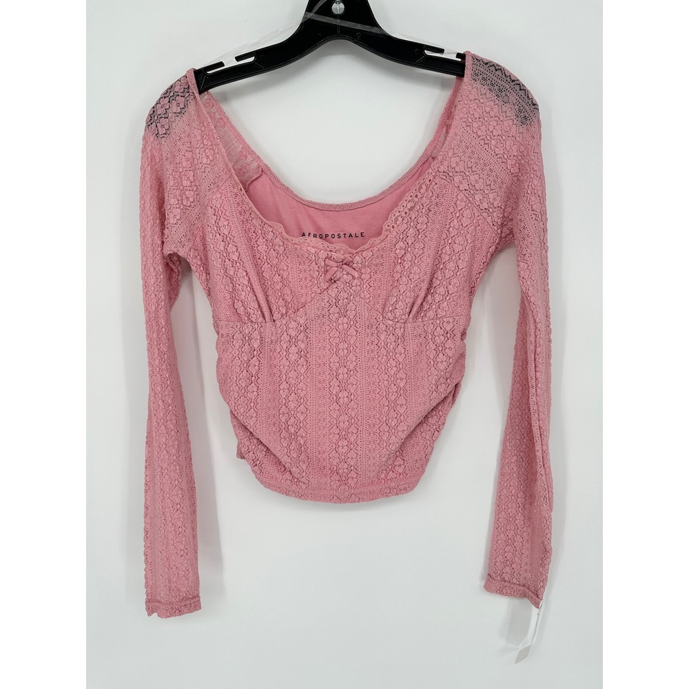 Aeropostale Womens Pink Lace Long Sleeve Crop Top Scoop Neck Bow Detail Small